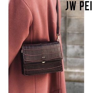 JW PEI Croc-Embossed Shoulder Bag in Dark Brown